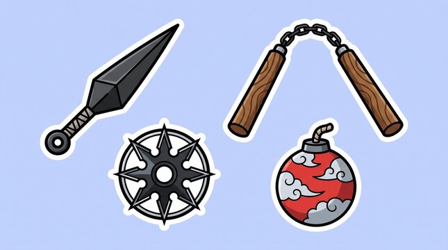 Cartoon vector illustration set of traditional ninja weapons, including shuriken, kunai, nunchaku, and bomb.