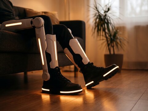Person wearing robotic leg exoskeleton and glowing boots sitting on a couch with prosthetic mobility technology robotics futuristic innovation hardware
