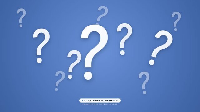 Floating white question marks moving continuously against a vibrant solid blue background representing curiosity