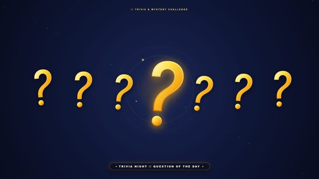 Glowing golden question marks moving across dark blue background during online trivia quiz game challenge