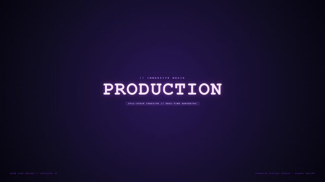 Glowing production text title against dark purple abstract digital background with modern graphic elements
