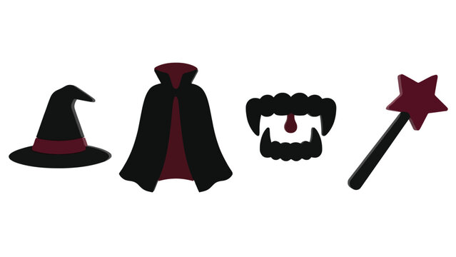 Halloween costume icons featuring pointy hat vampire cape sharp fangs and magical star wand