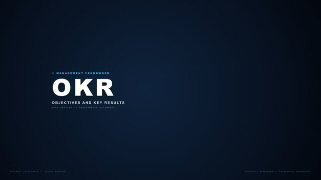 Management framework displaying objectives and key results text on dark blue digital background screen