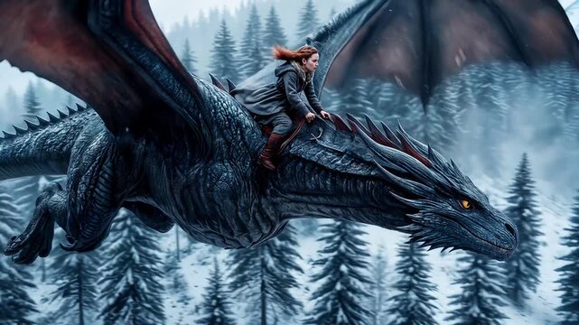 Fantasy woman riding large blue dragon over snowy pine forest. Mythical creature flying through winter mountain valley. Panning tracking shot.