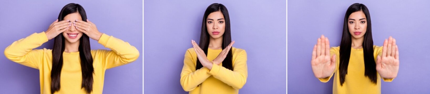 Woman covers her eyes crosses forearms and signals stop.
