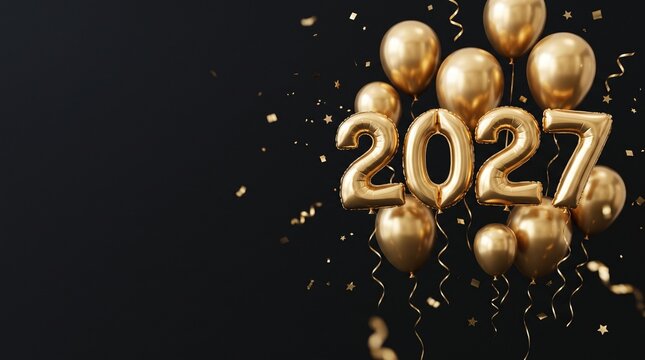Elegant metallic gold balloons floating against a deep, smooth black background, with a few delicate gold ribbons and subtle confetti, modern New Year&rsquo;s Eve party decor