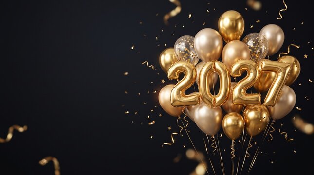 Elegant metallic gold balloons floating against a deep, smooth black background, with a few delicate gold ribbons and subtle confetti, modern New Year&rsquo;s Eve party decor, realistic reflective surfaces
