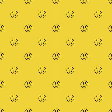 Retro Lightning Bolt Smiley Face Yellow Seamless Pattern. Trendy hand drawn smiling face icon repeat pattern on bright yellow background.