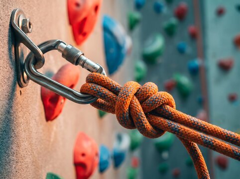 Climbing rope with figure eight knot clipped to carabiner anchor on indoor climbing wall with colorful holds in gym, rock climbing safety equipment and sport concept, close up