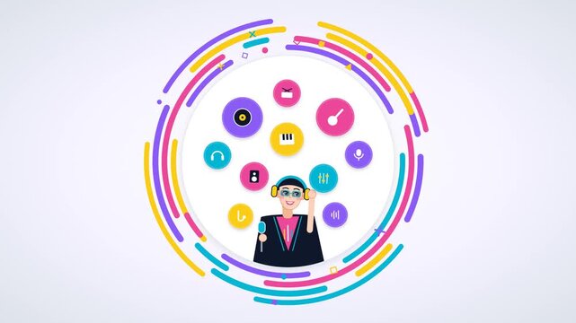 Music Producer Podcaster in Concentric Arc Ring Frame with Audio Studio and Festival Icons Loop 4K