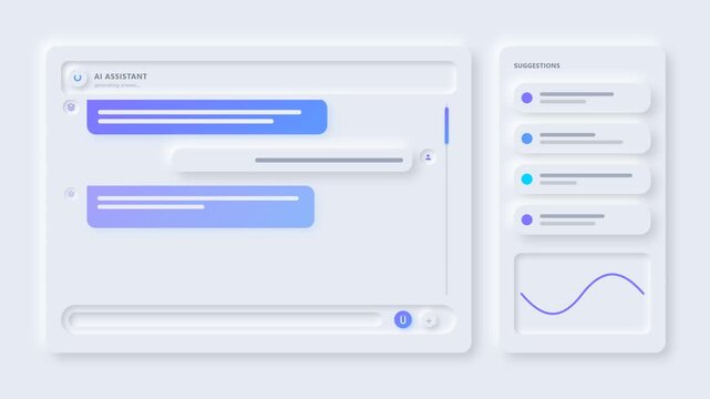A 4K neumorphism-style AI chat interface with multi-turn conversation, featuring AI and User avatars, dynamic chat scrolling, a vertical scrollbar, an.