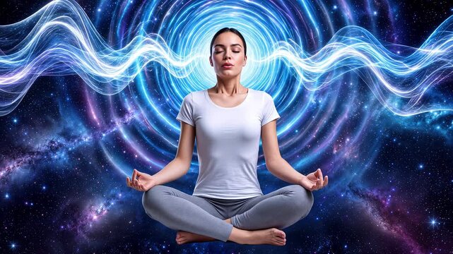 Inner harmony and mental expansion achieved through deep meditation. Calm young woman levitating in lotus pose surrounded by cosmic energy waves.