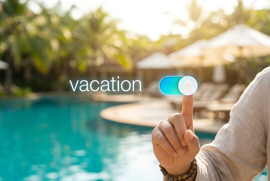 Hand activating a vacation mode toggle against a sunny resort pool background.