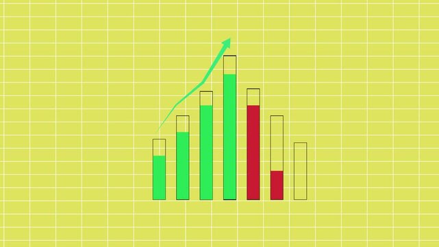A graph is plotted against a lime-yellow background; the green elements, which represent gains, are trending upward and are marked with arrows, while the red elements, representing losses, are positio