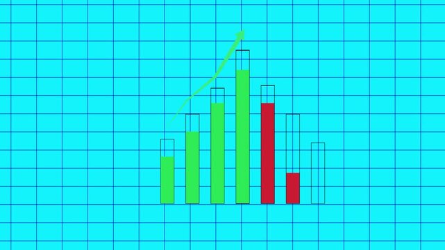 The green ones move upwards, while the red ones move downwards; both are indicated by arrows growth turning into decline with rising green bars and falling red bars on white and green screen backgroun
