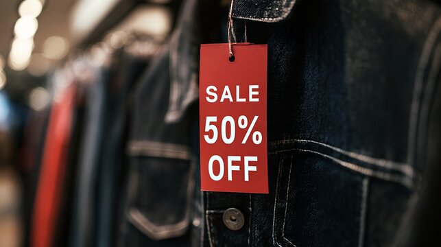 Red sale tag showing 50 percent off discount on denim jeans in clothing store