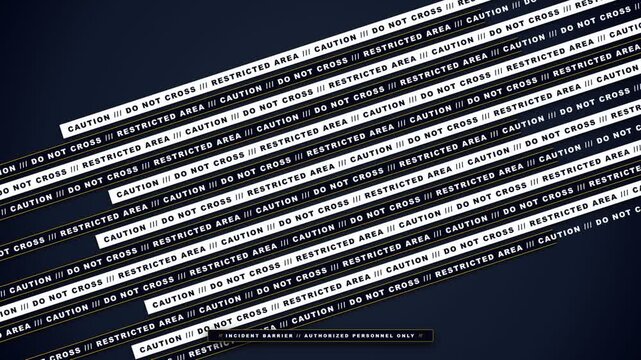 Warning tapes with caution and restricted area text scrolling diagonally across dark blue abstract background smoothly