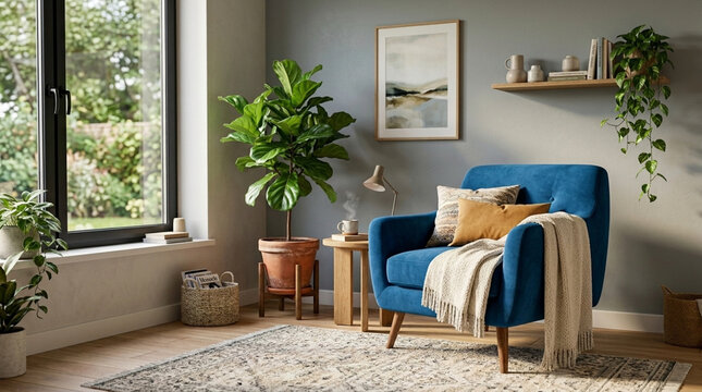 Cozy living room corner with blue armchair potted fig tree and natural light from large window