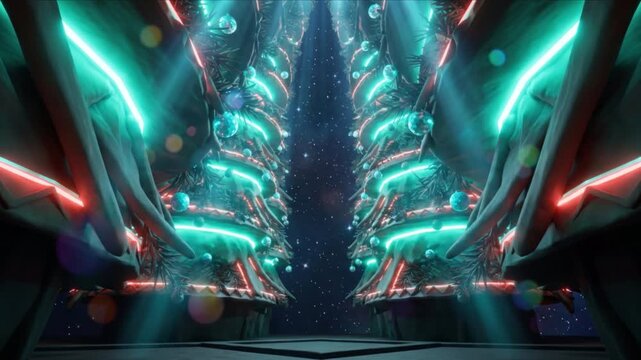 広場から見上げる夜空に点灯する粘土調クリスマスツリーと星空