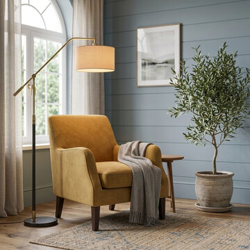 Cozy Living Room Corner with Mustard Yellow Armchair Floor Lamp Blanket and Potted Plant