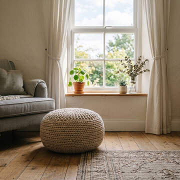 Cozy Living Room Corner with Armchair Knitted Pouf and Window View