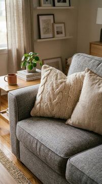 Cozy Living Room Corner with Textured Sofa Knit Pillow and Coffee Mug on Side Table
