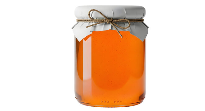 Close up of a glass jar filled with golden honey on a white background