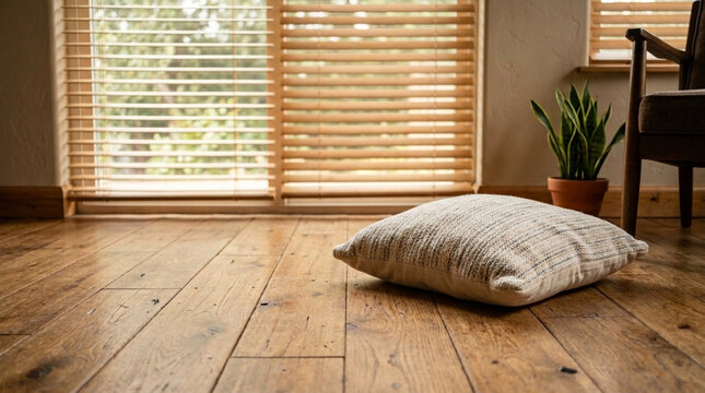 Cozy living room corner with wooden floor floor cushion potted plant and window blinds