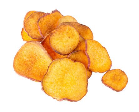 Crispy roasted sweet potato chips with sea salt, isolated on white background. Healthy and crunchy natural vegetable snack. Clipping path.