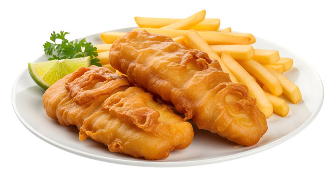 Classic fish and chips platter with lime wedge and fresh parsley