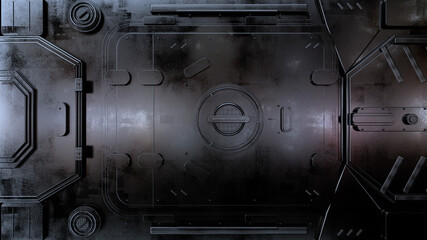 Dark futuristic metal hatch with circular handle, mechanical panels and weathered surfaces, creating an industrial science fiction background. 3D render, illustration. © DigitalPenTH