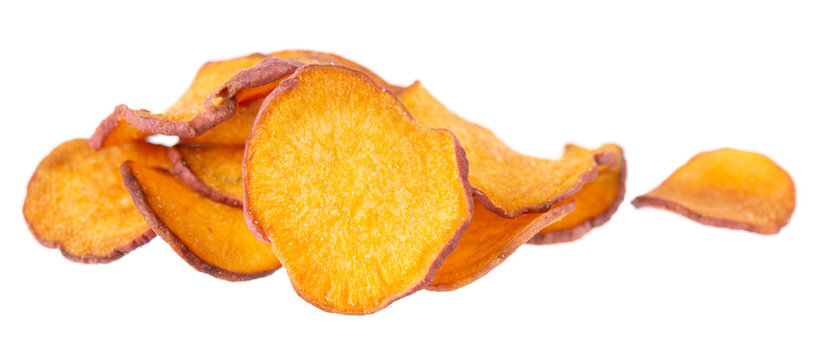 Crispy roasted sweet potato chips with sea salt, isolated on white background. Healthy and crunchy natural vegetable snack. Clipping path.