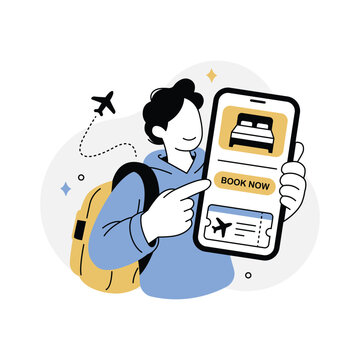Traveler Booking Hotel and Flight on Smartphone Vector Illustration