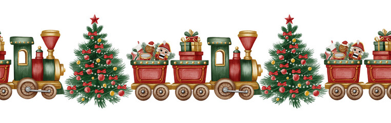 Watercolor vintage Christmas seamless border with toy train locomotive, decorated pine tree, nutcracker, gifts, gingerbread man. Retro garland for nursery decor, card. © Marina Morenova