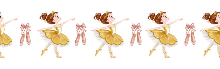 Watercolor vintage ballerina girl seamless border wearing dress tutu, tiara, dancing on tiptoe near hanging pointe shoes with ribbon. Retro art for nursery decor, card. © Marina Morenova