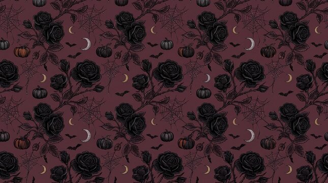 Gothic black rose seamless pattern, vintage Halloween floral background with pumpkins and bats, dark burgundy botanical wallpaper for spooky decor
