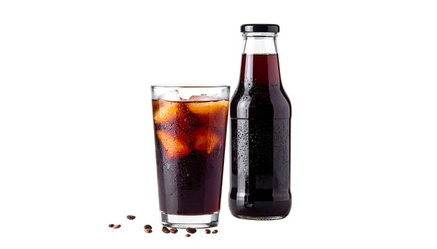 A clear glass bottle of dark cold brew coffee beside a tall glass filled with ice and coffee, isolated on transparent background.