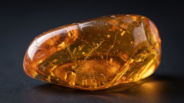 Polished amber gemstone with internal inclusions, translucent golden resin fossil on dark background, organic yellow amber stone for jewelry design