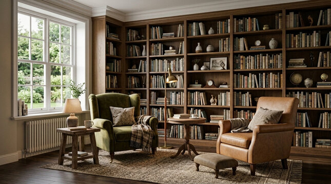 Cozy library room with leather and velvet armchairs large bookshelf window and warm lighting