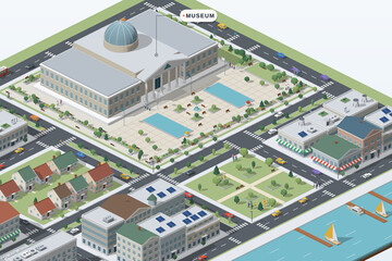 Isometric waterfront city with a museum and reflecting pools © ibreakstock