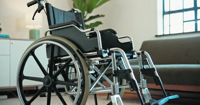 Wheelchair, health and equipment in empty home for mobility, medical care and accessibility aid. Chair, rehabilitation and transport for disability in living room, ergonomics and recovery support