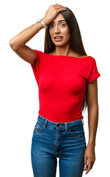 Young hispanic woman in elegant clothes with hand on head, surprised by a mistake and memory error in studio - forgetful, frustrated office moment