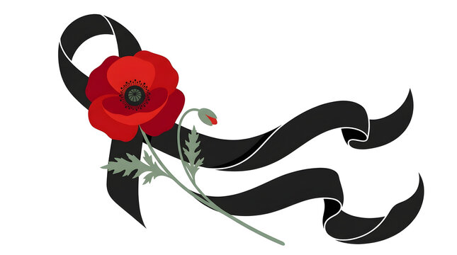 Remembrance Day red poppy flower with black awareness ribbon vector illustration. Memorial and mourning symbol for Armistice Day, Veterans Day, and Anzac Day isolated on white.