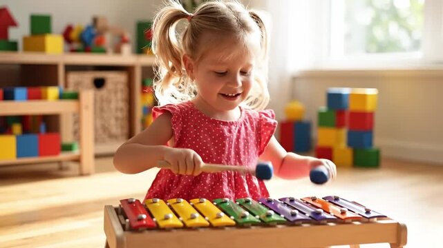 Young girl works through xylophone music practice with blue tipped mallets. Her hands move over rainbow bars as she smiles in sunlit room filled with blocks and play toys, tapping colorful bars.