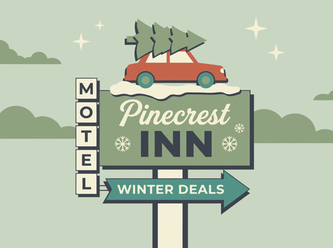 Vintage Retro Winter Holiday Motel Sign Illustration with Red Car and Christmas Tree for Seasonal Travel and Tourism
