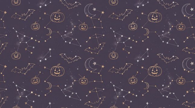 Mystical Halloween celestial pattern, golden pumpkins and bats with star constellations, dark purple spooky night sky background