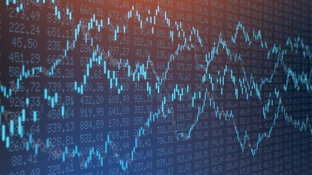 Stock market candlestick chart with multi-row trading table displaying price trend and index on screen, financial analysis investment strategy, economic exchange profit wealth
