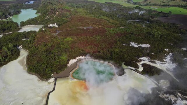 Aerial Drone Shot of Fumaroles and Volcanic Crater in Wai-O-Tapu Thermal Wonderland, New Zealand