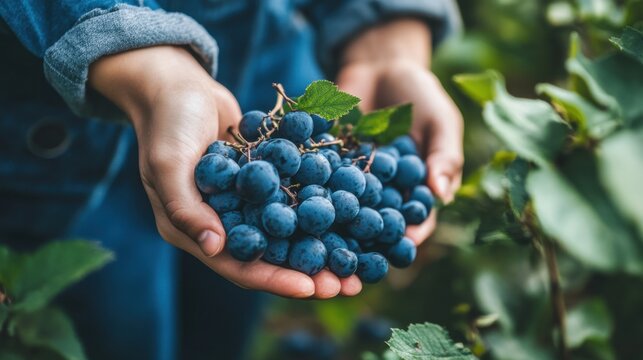 Person Holding Freshly Picked Dark Blue Grapes in Vineyard