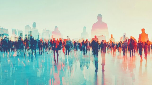 Surreal Double Exposure Crowd in Urban Cityscape